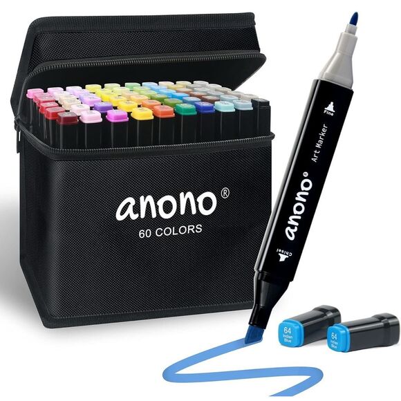 anono 60 Colors Alcohol Markers Set, Coloring Markers with Chisel and Fine Tips, - Picture 1 of 6